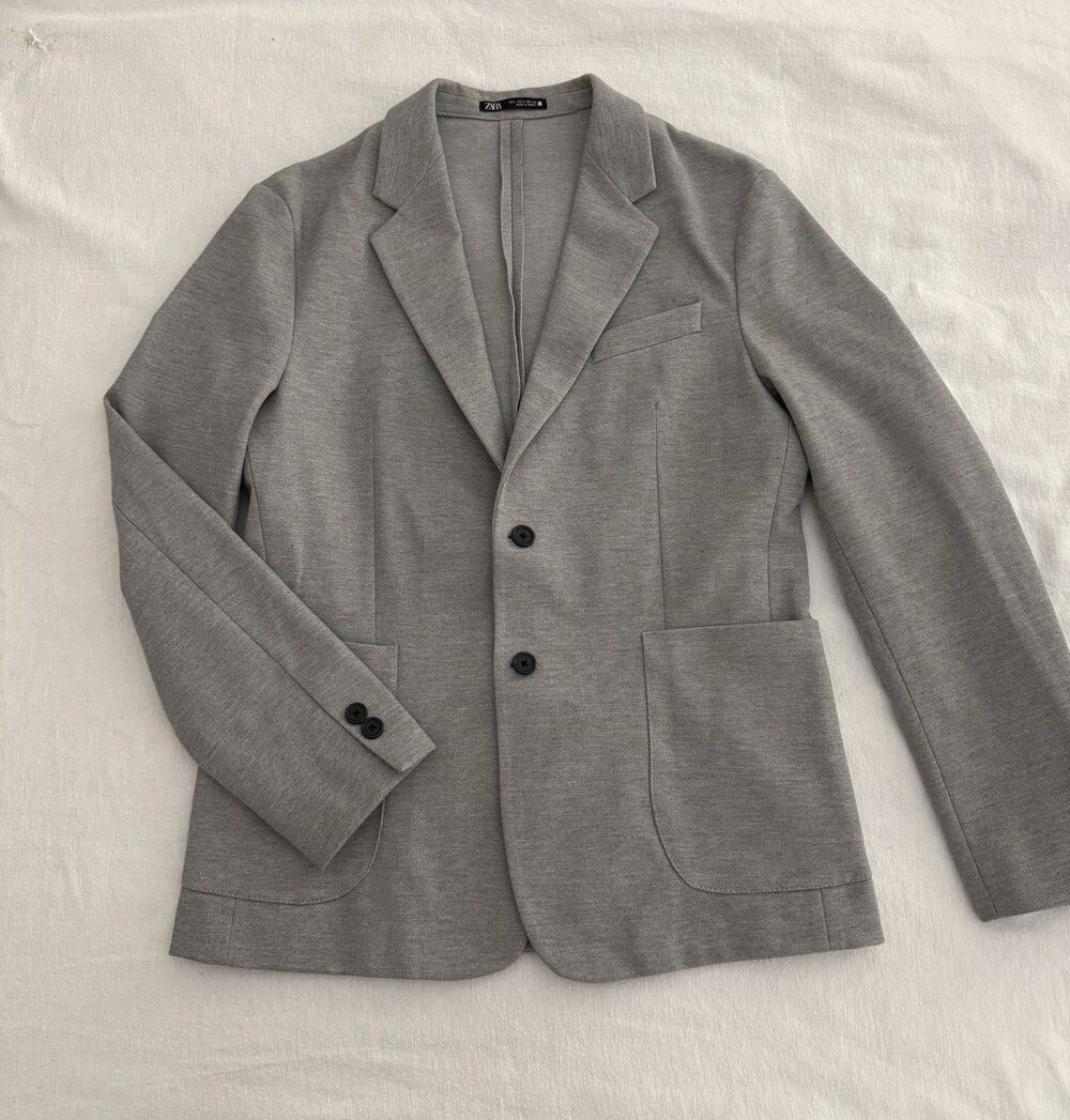Zara Men's Gray Blazer Jacket L 2-Button Notch Lapel Inner Pockets Solid